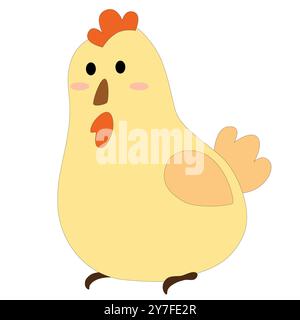 mignon dessin animé petit poussin jaune, poule avec des ailes, peigne, queue, vecteur de stock, fond blanc Banque D'Images
