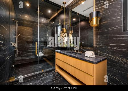 Salle de bains moderne luxueuse avec murs en marbre noir, meuble-lavabo en bois et touches dorées, grande douche vitrée et éclairage contemporain. Banque D'Images