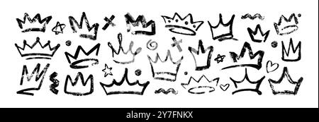 Couronnes royales dessinées à la main isolées sur fond blanc. Ensemble de trait de pinceau noir prince diadem. Tiare de princesse grunge, accessoires de tête de reine royale, étoiles, points, lignes ondulées et croix dans le style graffiti Illustration de Vecteur