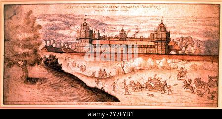 La procession d'Elizabeth I arrivant au palais de Nonesuch (PEN & w/c) par Joris Hoefnagel (1542-1600) British Museum, Londres, Royaume-Uni le palais du roi Henry VIII se trouvait autrefois à Cuddington, Surrey et a été démoli peu après 1670 ©TopFoto Banque D'Images