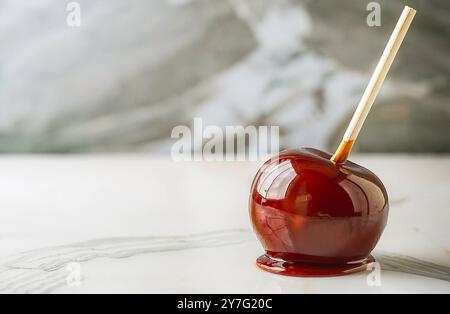 Pomme de caramel rouge sur le thème d'Halloween sur un bâton sur une surface de cuisine en marbre blanc clair, fond saisonnier d'automne effrayant et élégant minimaliste Banque D'Images