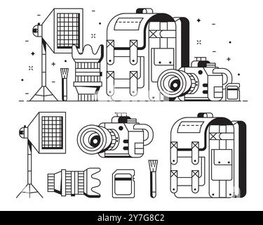 Icônes d'art de ligne d'équipement de photographie numérique Illustration de Vecteur