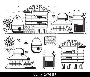 Eléments de rucher et d'apiculture dans Line Art Illustration de Vecteur