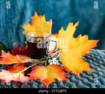 Une tasse de thé noir en verre fumant placée sur une surface texturée douce, entourée de feuilles d'automne vibrantes et de baies. Banque D'Images