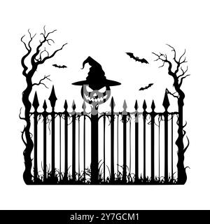 Tête de citrouille effrayante dans le chapeau, mettre sur la vieille clôture de cimetière d'Halloween, élément de conception de silhouette noire. Illustration vectorielle Illustration de Vecteur