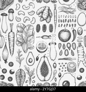 Paleo Diet Seamless Pattern. Vecteur dessiné à la main fond de nourriture saine. Illustration de menu de style vintage. Illustration de Vecteur