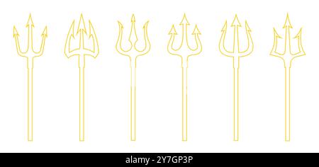 Icône vectorielle Trident définie dans la conception de contour de couleur jaune. Ensemble de tridents jaunes sur un fond blanc. Neptune trident. Illustration de Vecteur