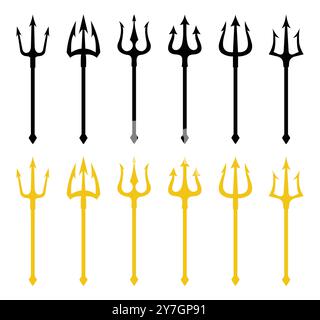 Icône vectorielle Trident définie en noir et jaune. Ensemble de silhouettes noires et jaunes de trident sur un fond blanc. Neptune trident. Illustration de Vecteur
