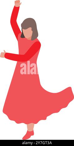 Jeune femme danse le flamenco avec un mouvement passionné, portant une robe rouge traditionnelle Illustration de Vecteur