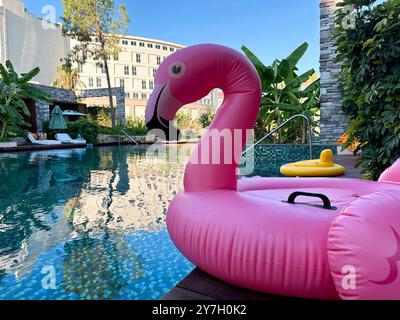 Piscine extérieure avec eau claire et flotteur gonflable en forme de flamant rose au complexe de luxe Banque D'Images