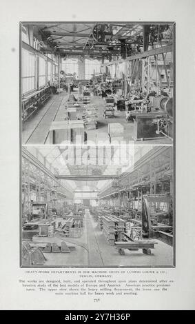 DÉPARTEMENTS DE TRAVAUX LOURDS DANS LES ATELIERS D'USINAGE DE LUDWIG LOEWE & CO, BERLIN, ALLEMAGNE. Les travaux sont conçus, construits et exploités tout au long sur des plans déterminés après étude exhaustive des meilleurs modèles d'Europe et d'Amérique. La pratique américaine prédomine. La vue supérieure montre le département de fraisage lourd, la plus basse la salle principale des machines pour les travaux lourds et le montage. De l'article APPLICATIONS DE L'ÉNERGIE ÉLECTRIQUE DANS LES TRAVAUX D'INGÉNIERIE. Par Louis Bell. Tiré de l'Engineering Magazine consacré au progrès industriel volume XX 1900 - 1901 The Engineering Magazine Co Banque D'Images