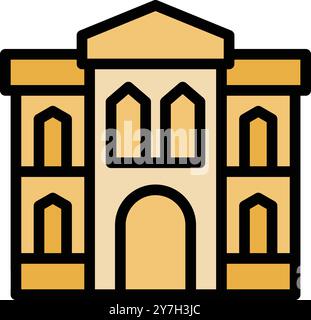 Icône simple et colorée d'une grande façade de bâtiment avec des fenêtres et des portes cintrées, en jaune et noir Illustration de Vecteur