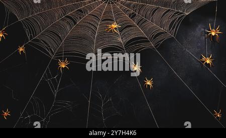 Toiles d'araignées dorées complexes fausses décorations de toile d'araignée d'halloween et araignées sur un fond grunge noir foncé, fond de thème de saison d'automne effrayant, Banque D'Images