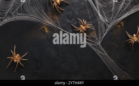 Toiles d'araignées dorées complexes fausses décorations de toile d'araignée d'halloween et araignées sur un fond grunge noir foncé, fond de thème de saison d'automne effrayant, Banque D'Images