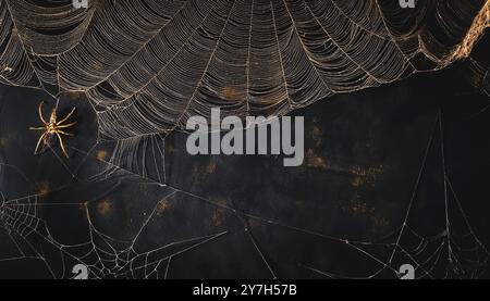 Toiles d'araignées dorées complexes fausses décorations de toile d'araignée d'halloween et araignées sur un fond grunge noir foncé, fond de thème de saison d'automne effrayant, Banque D'Images