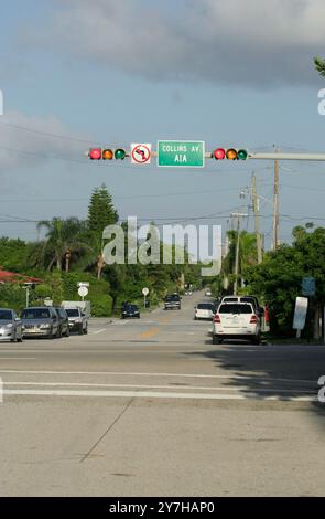 SURFSIDE, FLORIDE-21 AOÛT 2009 : Collins Ave panneau de signalisation et véhicules sur la route avec ciel nuageux dans une chaude journée d'été Banque D'Images