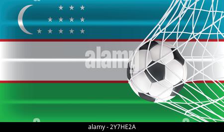 Football ou ballon de football dans Goal Net isolé sur le drapeau ombragé Ouzbékistan, équipement accessoire de sport pour jouer le jeu, Championnat Illustration de Vecteur