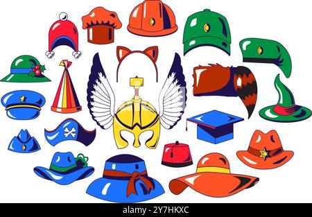 Ensemble de clip art graphique vectoriel de coiffure dans le style de bande dessinée. Uniforme, vintage, coiffe rétro pour différentes occasions. Collection clipart Headwear pour p Illustration de Vecteur