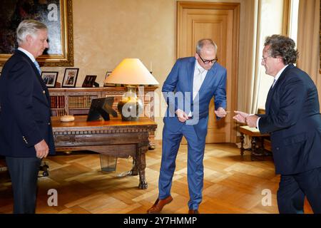 Bruxelles, Belgique. 30 septembre 2024. Le roi Philippe - Filip de Belgique, le ministre-président flamand Matthias Diependaele et Vincent Houssiau photographiés lors de la cérémonie de serment du ministre-président flamand nouvellement nommé, au Palais Royal de Bruxelles, le lundi 30 septembre 2024. BELGA PHOTO NICOLAS MAETERLINCK crédit : Belga News Agency/Alamy Live News Banque D'Images