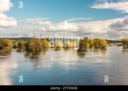 Paysage de la pittoresque rivière Odra étendue sur la frontière polono-allemande. Concept. Menace et beauté de la nature Banque D'Images
