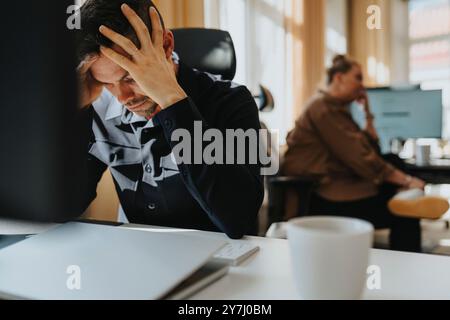 Homme d'affaires épuisé avec la tête dans les mains assis au bureau dans le bureau Banque D'Images