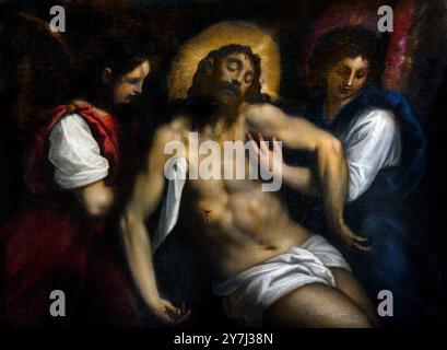 Le Christ mort avec deux anges par Jacopo Palma il Giovane - Jacopo Negretti,1548-1728, italien , Venise 16ème - 17ème siècle, Italie, italien. Banque D'Images