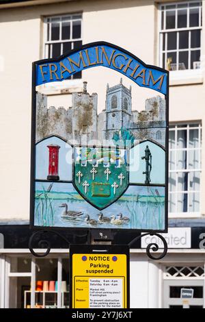 Panneau, Framlingham market Town, Suffolk, Angleterre Banque D'Images