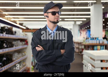 Gardien de sécurité confiant avec écouteur dans le supermarché Banque D'Images