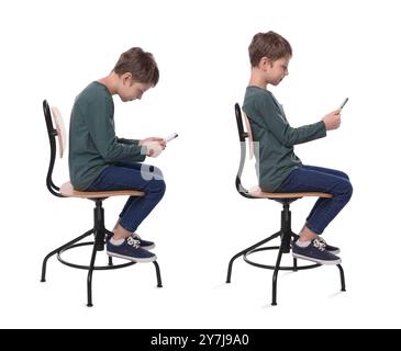 Bonne et mauvaise posture, collage. Garçon assis sur la chaise et utilisant le téléphone portable sur fond blanc Banque D'Images