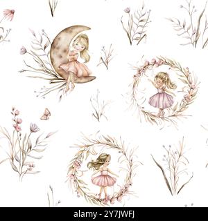 Modèle sans couture avec de jeunes ballerines et des plantes boho couronne élégante. Fille d'illustration dessinée à la main en robe rose et cheveux blonds assis sur la lune. Mignon Banque D'Images