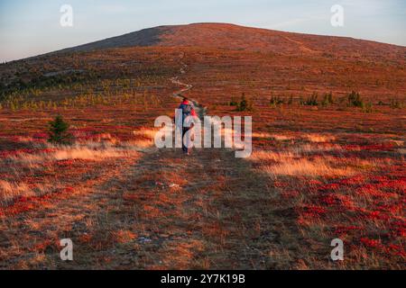 Randonneur solitaire avec un grand sac à dos marche sur un sentier à travers des couleurs d'automne vibrantes vers une montagne lointaine au coucher du soleil. Banque D'Images