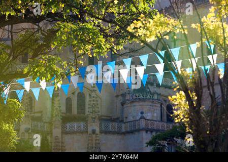 Drapeaux de célébration devant la cathédrale de Ségovie. Banque D'Images