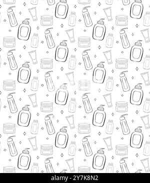 Motif vectoriel sans couture de soin de la peau. Illustration vectorielle de ligne unique de produits de beauté Illustration de Vecteur