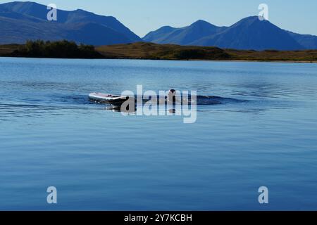 Homme apprenant à paddle board (SUPB) sur le Loch Laidon, avec en toile de fond les montagnes Glen Coe, Rannoch Moor, Écosse, Royaume-Uni Banque D'Images