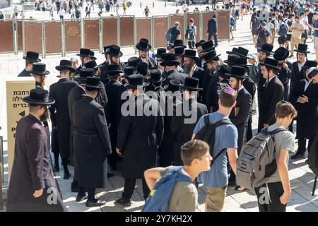 JÉRUSALEM, ISRAËL - 27 septembre 2024. Les Juifs orthodoxes hassidiques en chapeaux noirs se rassemblent et marchent ensemble pour prier au mur occidental à la veille de Rosh Ha Banque D'Images