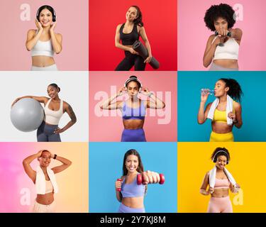 Femmes diverses s'engageant dans des activités de fitness sur des arrière-plans colorés Banque D'Images