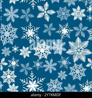 Motif sans couture avec divers flocons de neige blancs sur un fond bleu. Thème hiver, design festif et décoratif. Parfait pour Noël et Illustration de Vecteur