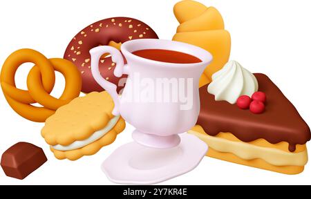 Tea Time 3d composition. Pâte à thé et gâteau. Biscuit de croissant beignet et chocolat. Desserts savoureux éléments réalistes, scène vectorielle de petit déjeuner de café Illustration de Vecteur