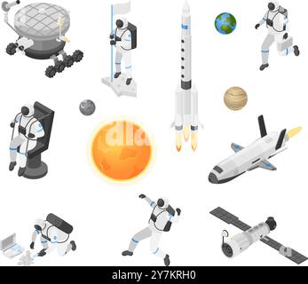 Astronaute isométrique et éléments spatiaux. Exploration de l'univers, cosmonaute scientifique faisant de la recherche. Combinaison spatiale, formation, navire et satellite impeccable Illustration de Vecteur