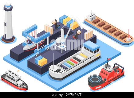 Service de fret maritime isométrique. Station de rénovation et de réparation de navires. Port maritime industriel, bateaux bateaux bateaux. vecteur sans défaut de terminal océanique 3d. Illustration de Vecteur