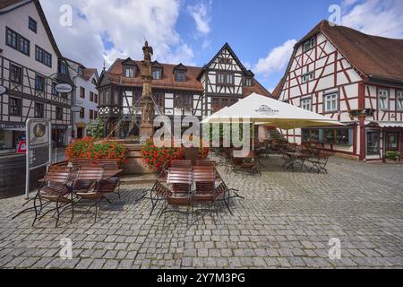 Fontaine de marché avec géraniums, maisons à colombages et espaces extérieurs d'un restaurant avec parasols, tables et chaises sur la place du marché à Michel Banque D'Images