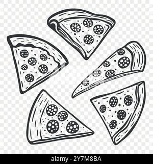 Jeu d'icônes de tranches de pizza dessinées à la main de vecteur. Modèles de conception pour Pizzeria, conception de menu et icônes. Collection Pizza Slice Elements Illustration de Vecteur