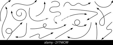 Ensemble de différentes icônes de flèche noire dessinées à la main. Pointeurs courbés de style griffonnage à main levée. Panneaux de direction peints par stylo, pinceau ou crayon isolé sur fond blanc. Illustration graphique vectorielle. Illustration de Vecteur