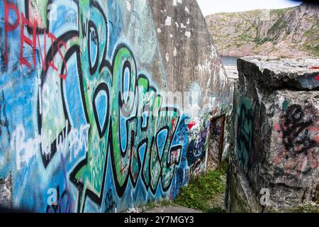 Graffiti marqués sur les structures de la batterie abandonnée dilapidée de la seconde Guerre mondiale à Fort Amherst à nouveau John's, Terre-Neuve-et-Labrador, Canada Banque D'Images