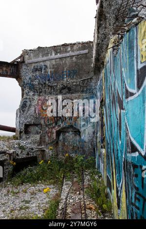 Graffiti marqués sur les structures de la batterie abandonnée dilapidée de la seconde Guerre mondiale à Fort Amherst à nouveau John's, Terre-Neuve-et-Labrador, Canada Banque D'Images