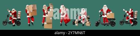 Ensemble de Père Noël avec des colis sur fond vert Banque D'Images