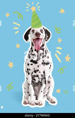 Chien dalmatien mignon dans le chapeau de partie dessiné sur fond bleu clair Banque D'Images