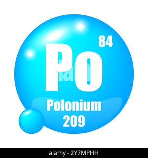 Icône polonium. Elément chimique PO. Numéro atomique 84. Masse 209. Sphère bleue. Illustration de Vecteur