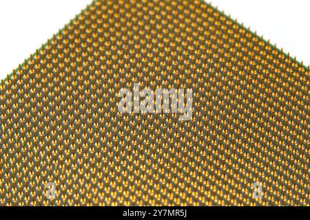 Macro de broches et puce d'or de processeur, technologie de composant informatique de jambes de processeur de micropuce. Banque D'Images
