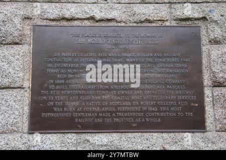 Plaque Sir Robert Gillespie Reid au Railway Coastal Museum sur la rue Water à offert John's, Terre-Neuve-et-Labrador, Canada Banque D'Images